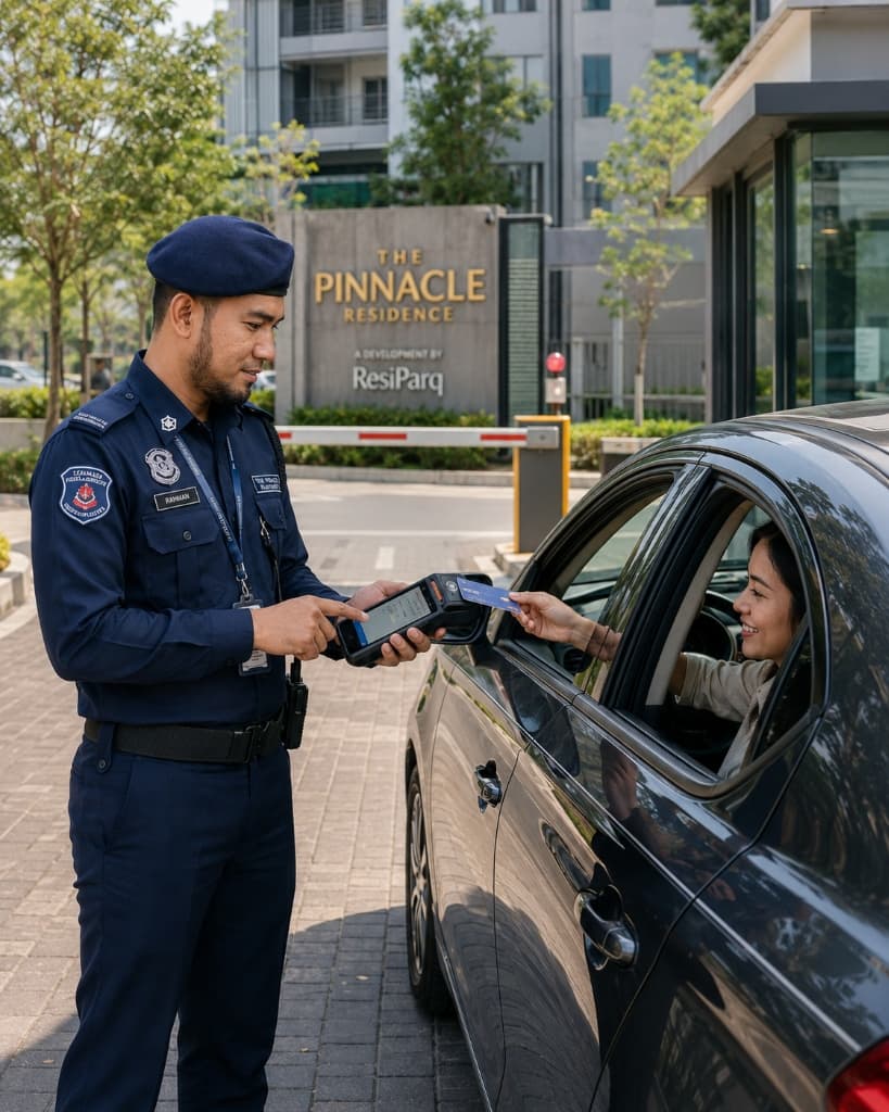 Guard captures visitor plate at entry using ResiParq handheld device