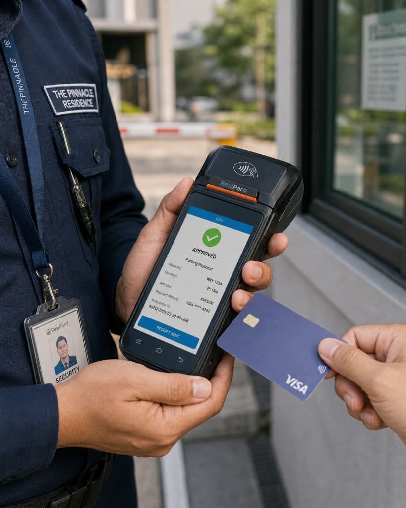 Close-up of ResiParq handheld showing APPROVED payment screen with Visa card